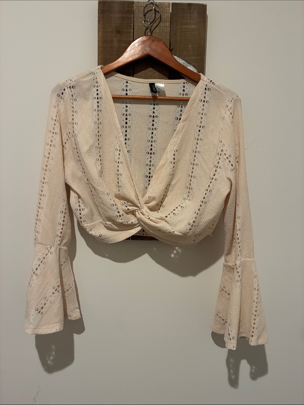 Divided Cream Twist-Front Eyelet Crop Top